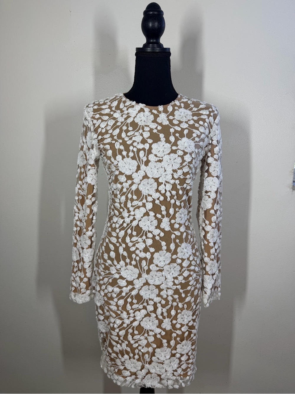 NADINE MERABI White Floral Lace Long Sleeve Sheath Dress with Nude Underlay